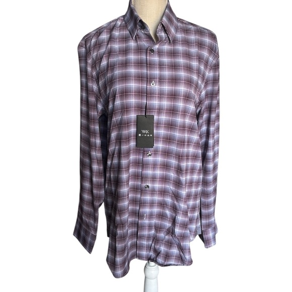 WRK Men's 4 Way Regular Fit Dress Shirt in Burgandy/Grey Plaid Size 15.5 NWT - Picture 2 of 9